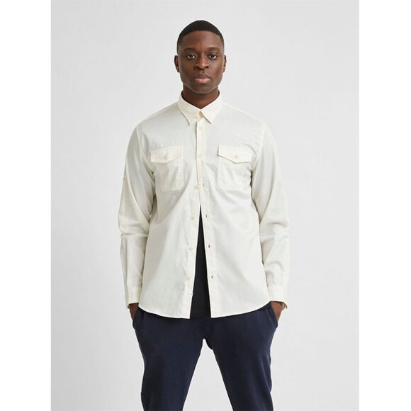 NWT Selected Homme Water Repellent Poplin Shirt‎ Convertible Button Down Egret L - Picture 1 of 10